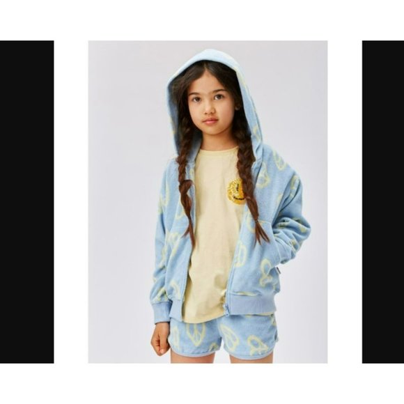 Molo Girls Size 3 Blue Terry Hoodie with Heart Shaped Peace Sign Print - Picture 2 of 9